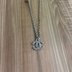 CHANEL Silver Crystal CC Logo Pendant Necklace